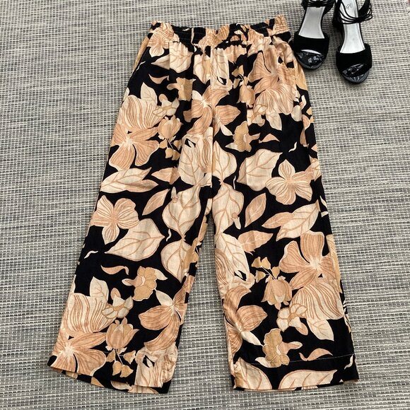Rachel  Zoe  Gold  Black Bold Floral  Linen Rayon Blend Wide Leg Pant Large - Picture 1 of 7